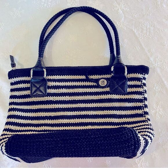 The Sak Black White Handbag Large Shoulder Bag Nautical Stripes Woven Gorgeous - Picture 1 of 5